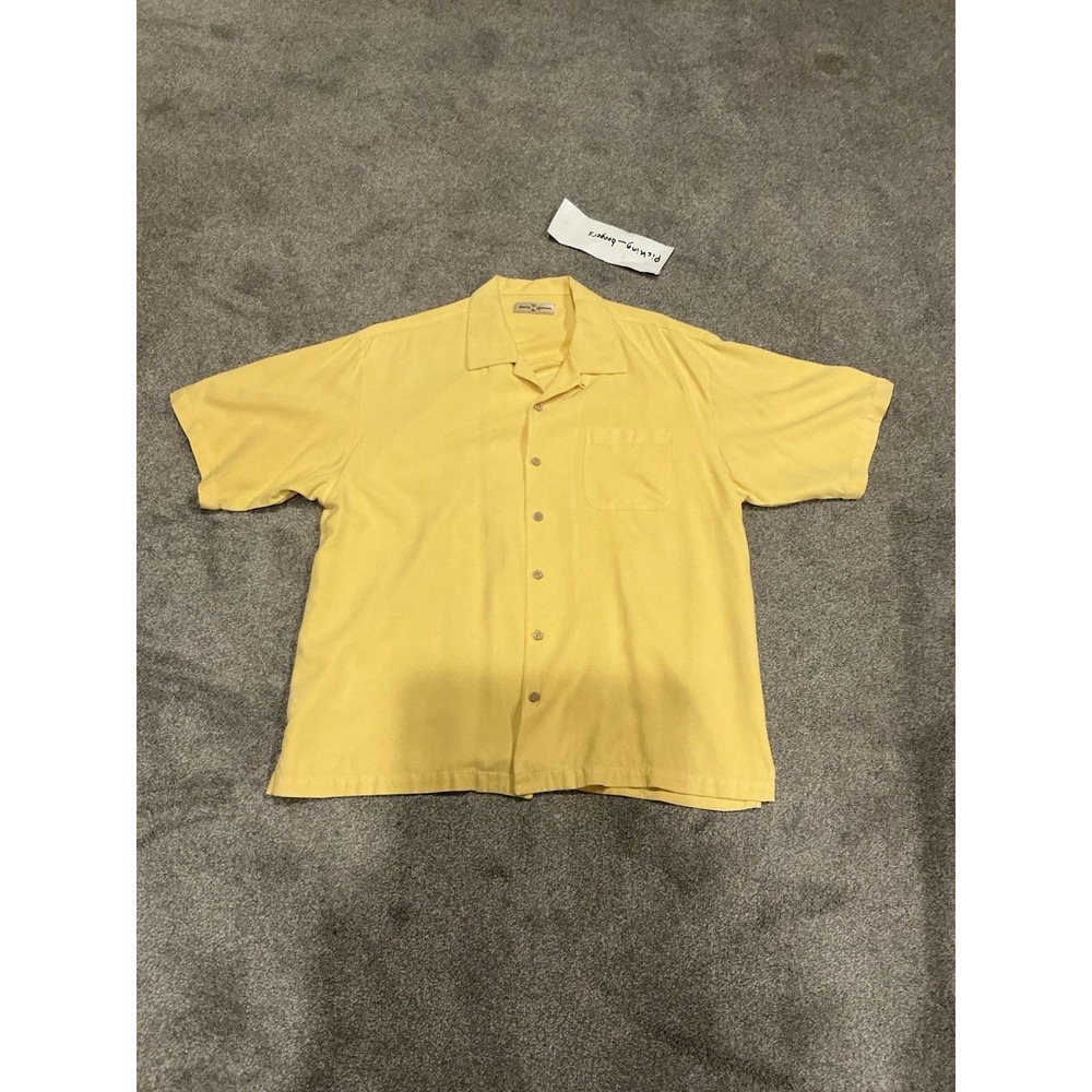 Tommy Bahama XL 100% Silk Loop Collar Hawaiian Aloha Shirt Yellow Vacation‎